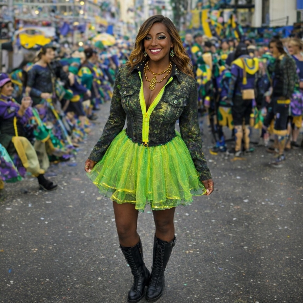 Custom Vibrant Mardi Gras Green and Black Denim American Bazi Jacket, Size: Lg - Picture 3 of 10
